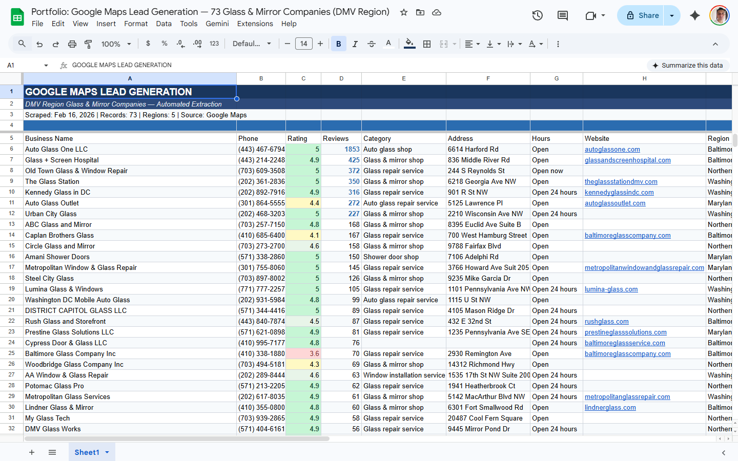 Google Maps data extraction results